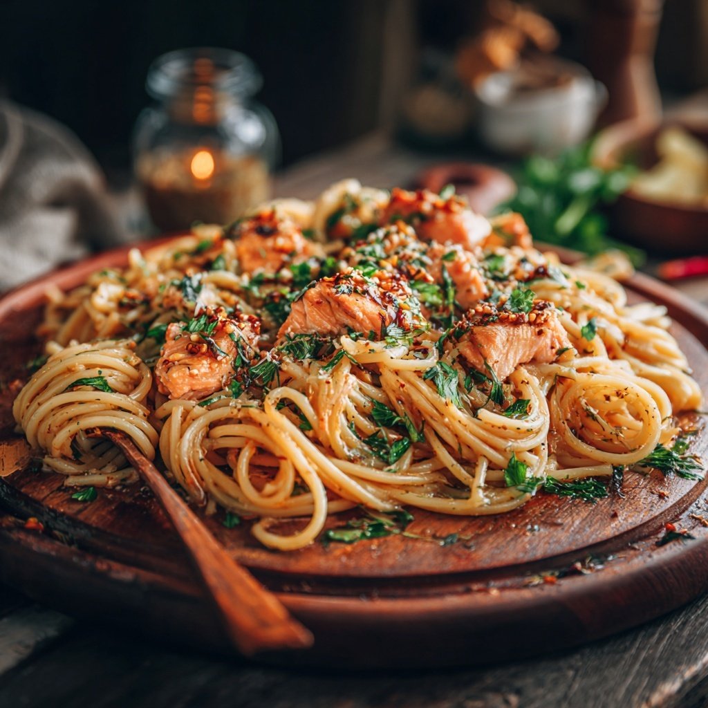 Baked Lemon Miso Salmon Pasta