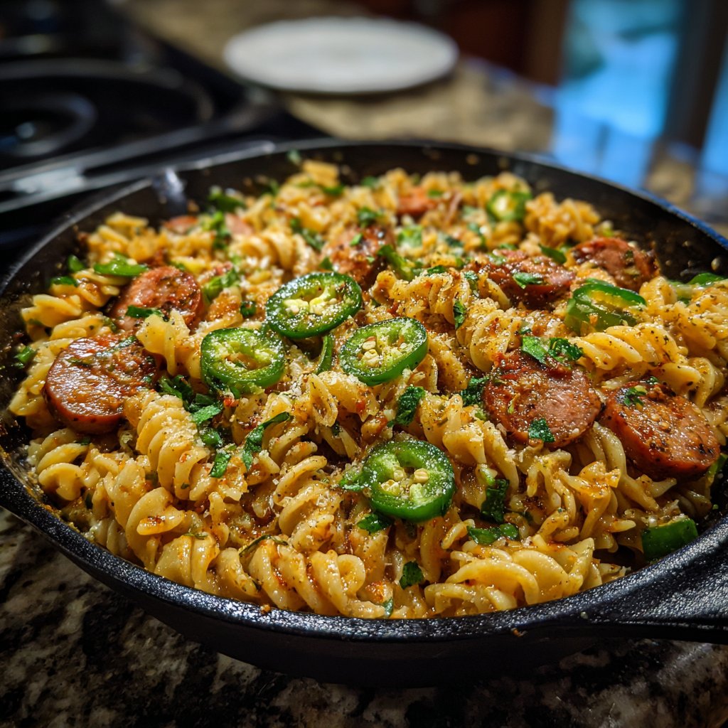 One Pot Cajun Sausage Pasta with Jalapeños