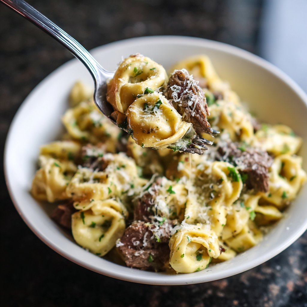 One Pot Garlic Parmesan Steak Tortellini
