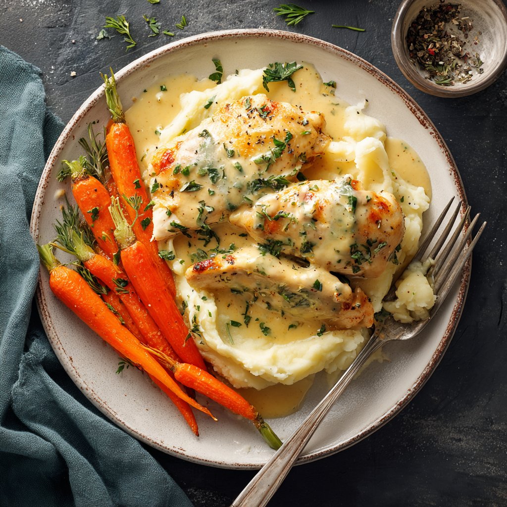 Creamy Herb Chicken with Mashed Potatoes and Roasted Carrots